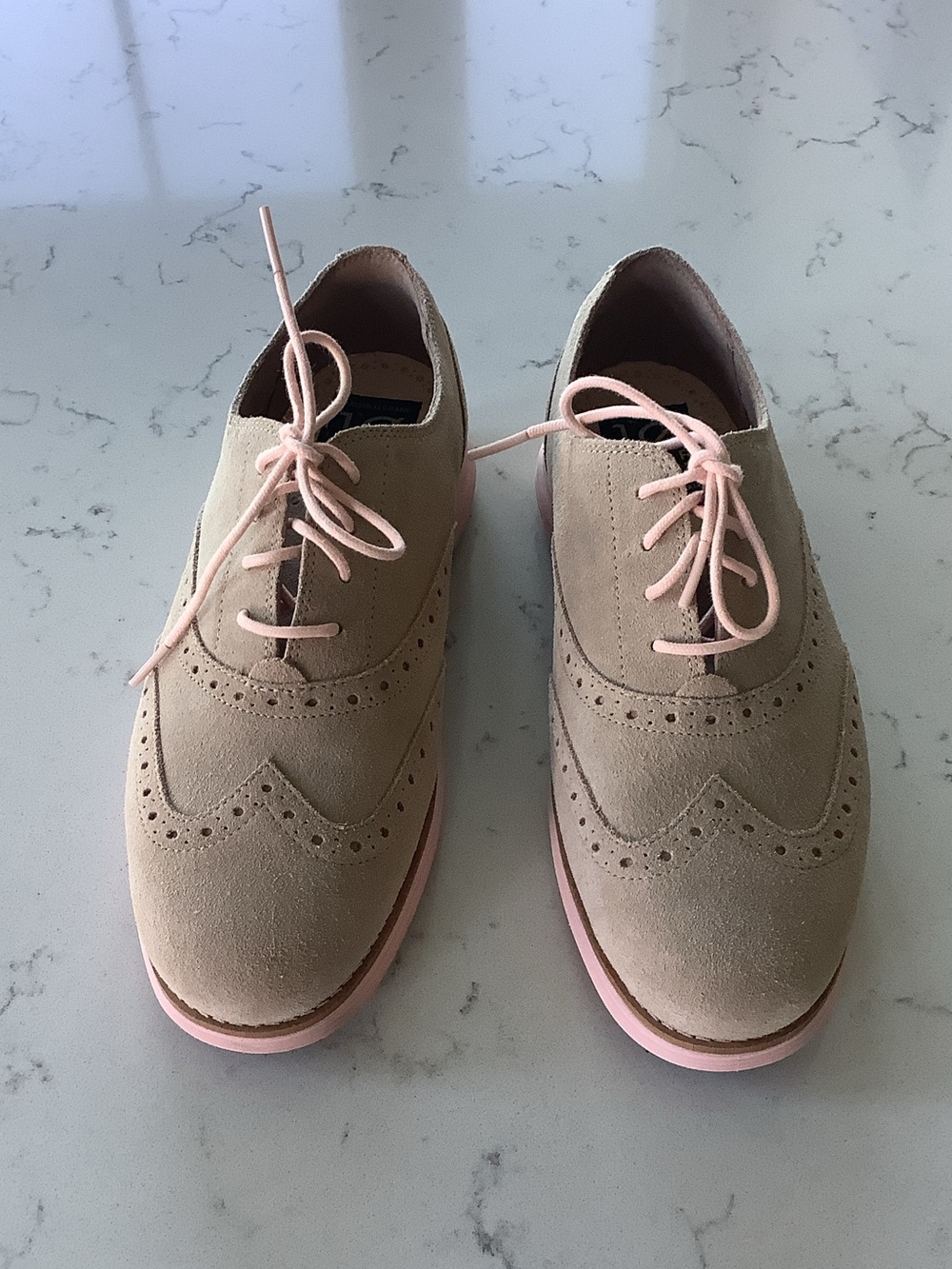 Cole Haan Beige Suede Wingtip Oxfords with Pink Soles and Laces
